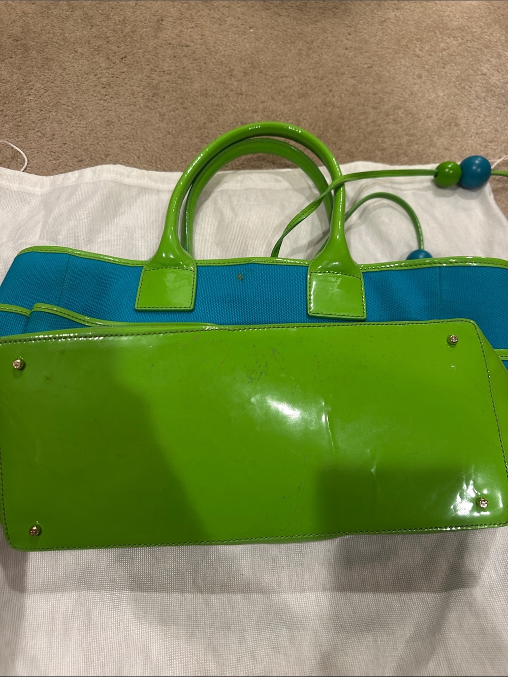 Kate Spade Blue and Lime Patent Trim Tote Bag - Picture 3 of 4